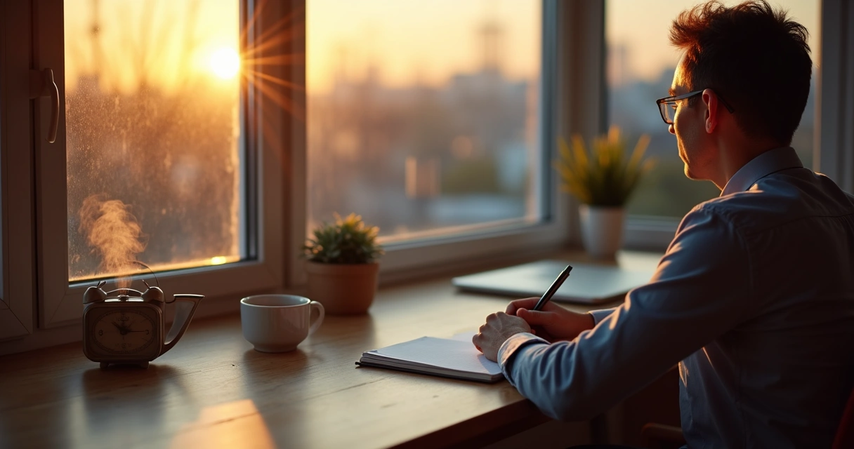 Person journaling at sunrise by a window with soft light and reflections 