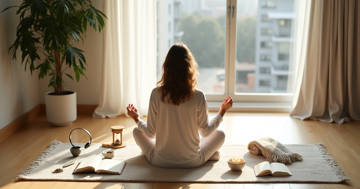 Person sitting on floor near window surrounded by simple daily ritual objects 
