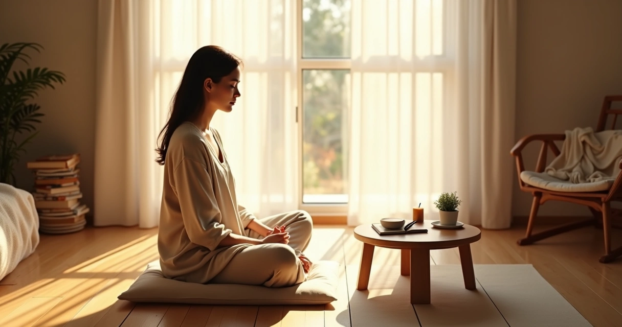Person in quiet morning ritual journaling by a window with soft sunlight 