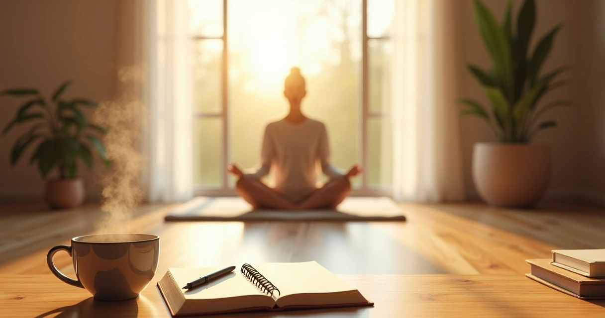Person meditating at sunrise with journal and tea on a tidy desk 