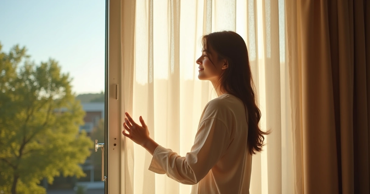 Person looking out window noticing sunlight in morning