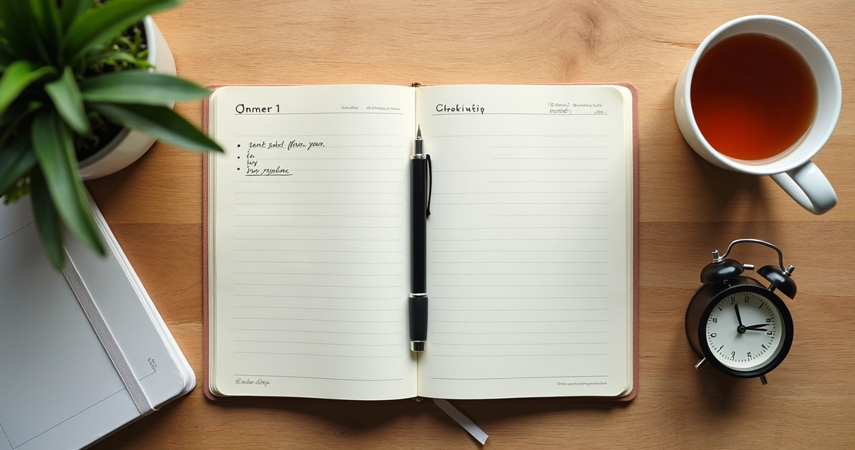 Notebook with daily routine plan beside tea and clock