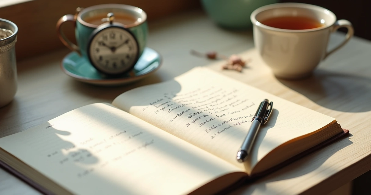 Open journal beside a clock and tea on a quiet desk
