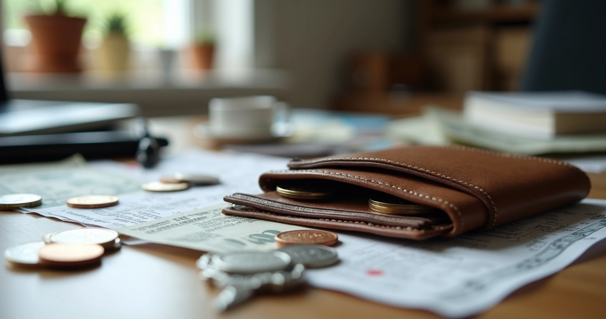 Wallet with receipts and coins spread on table 