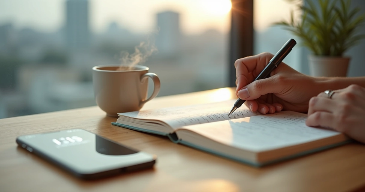 Person journaling during a calm morning self-awareness routine 