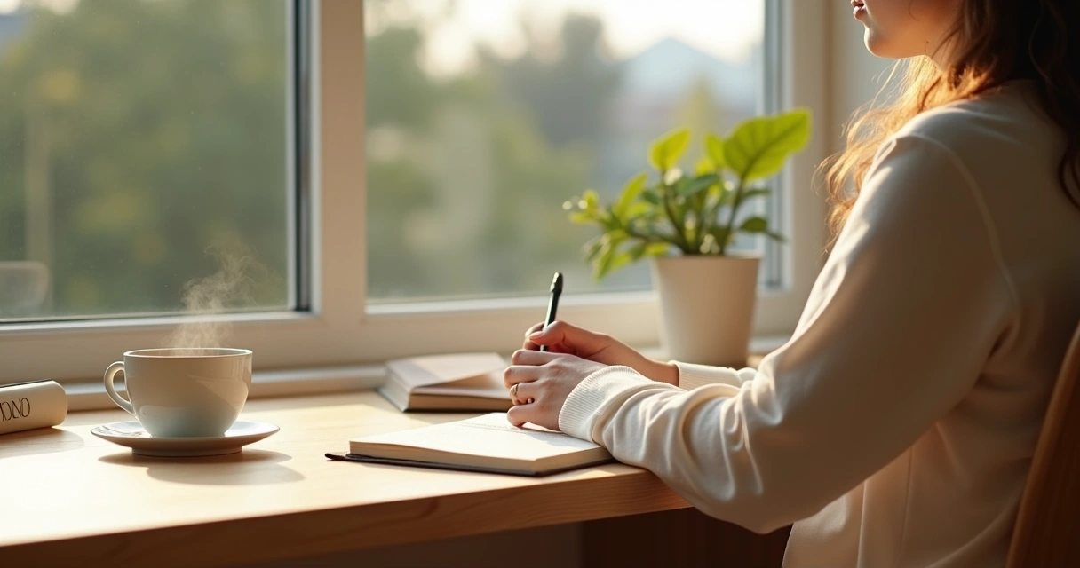 Person journaling quietly by a window in soft morning light 