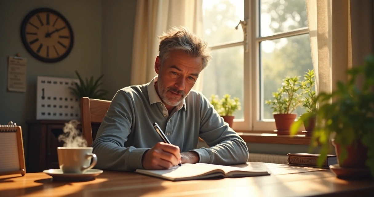 Person journaling in a calm room with soft morning light, pen in hand, and a mug on the table