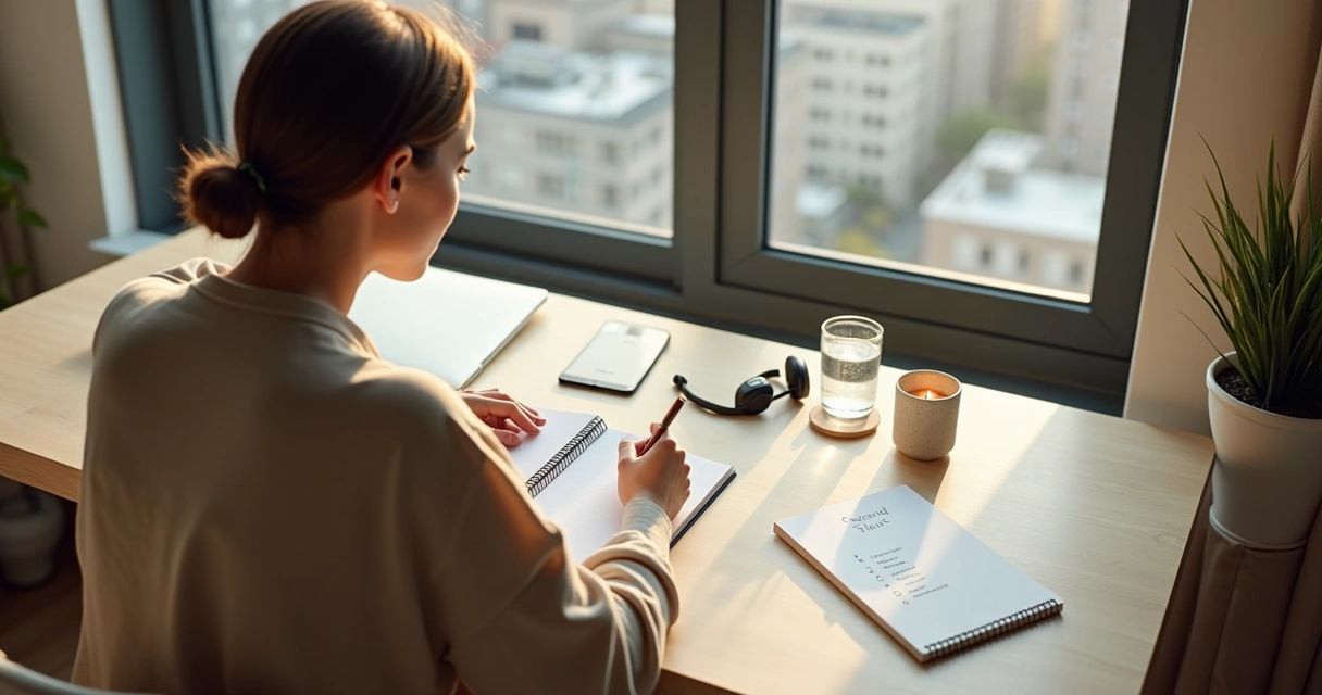 Person journaling at a tidy desk with symbols of daily self-responsibility practices 