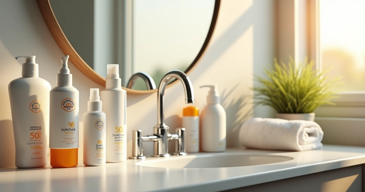 Selection of sunscreen bottles on a bathroom counter 