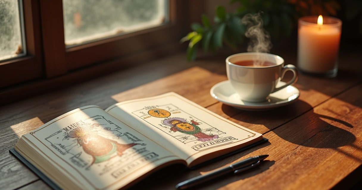 Tarot cards on a wood table with a cup of tea and journal