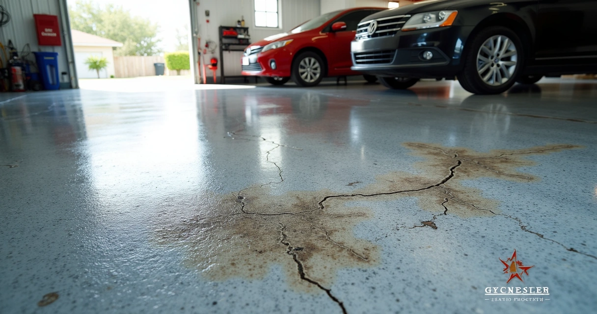 Garage floor with visible epoxy coating damage, scratches, and tire marks 
