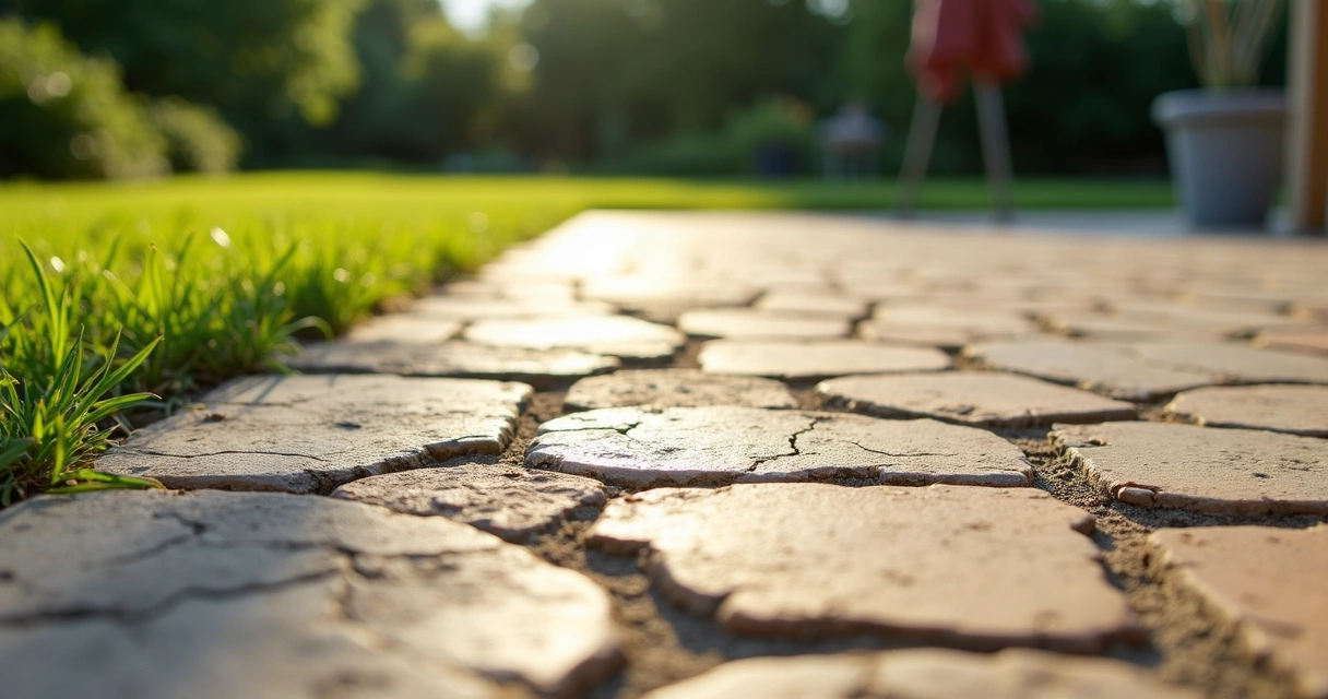 Close-up of cracked and uneven paver patio with visible weed growth and displaced stones in a sunny backyard 