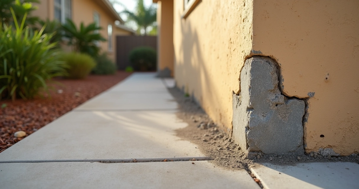 Cracked stucco base along a backyard patio edge in Orlando home 