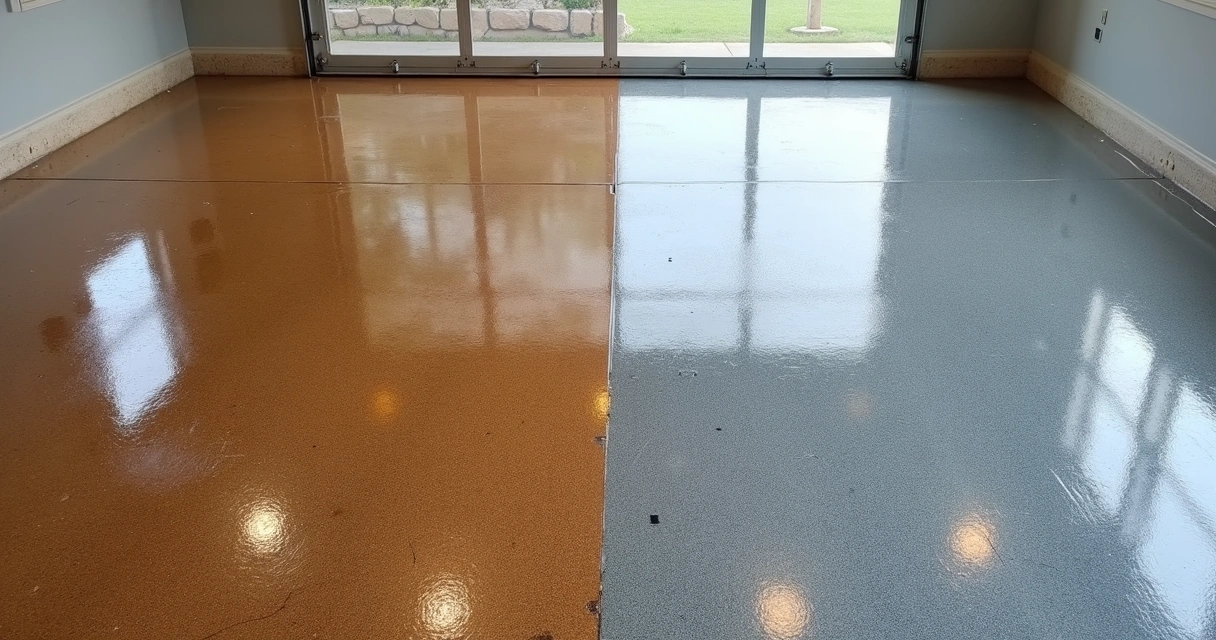 Side-by-side comparison of worn and new epoxy garage floor 