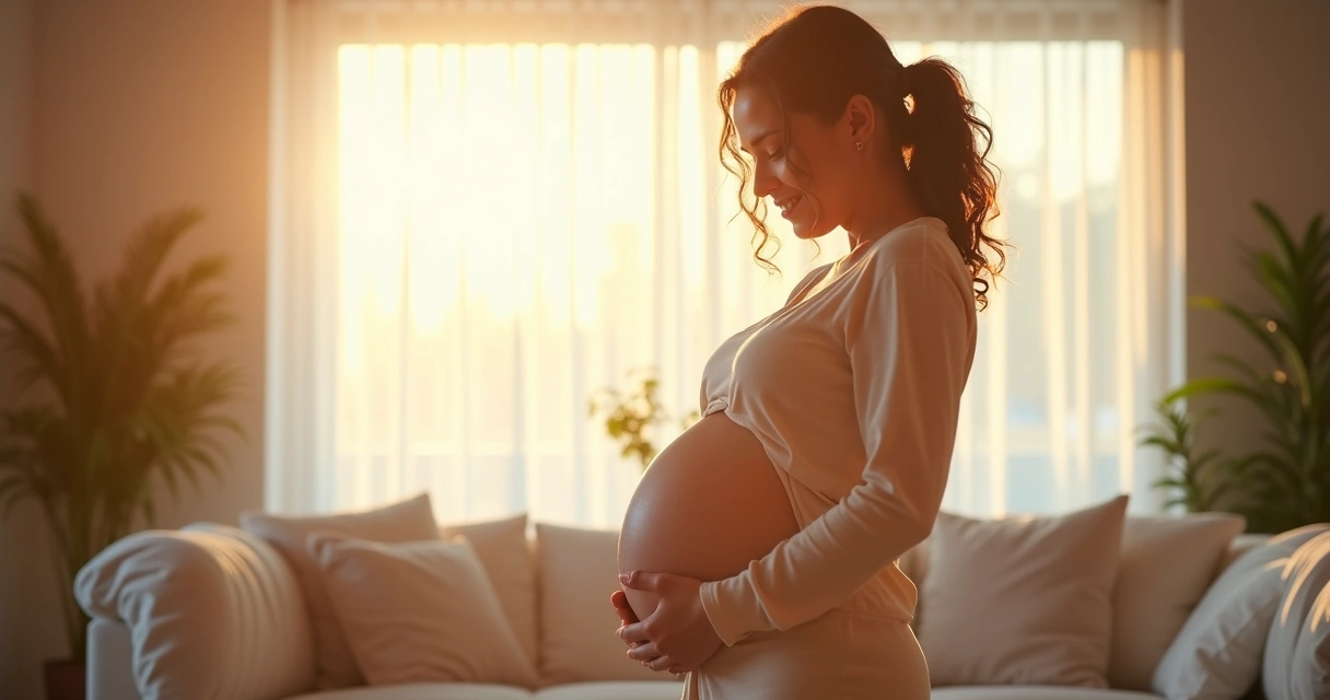 Gestante sorrindo e dançando em casa, ambiente alegre 
