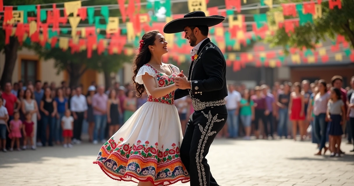 Casal dançando Jarabe Tapatío com trajes tradicionais mexicanas 