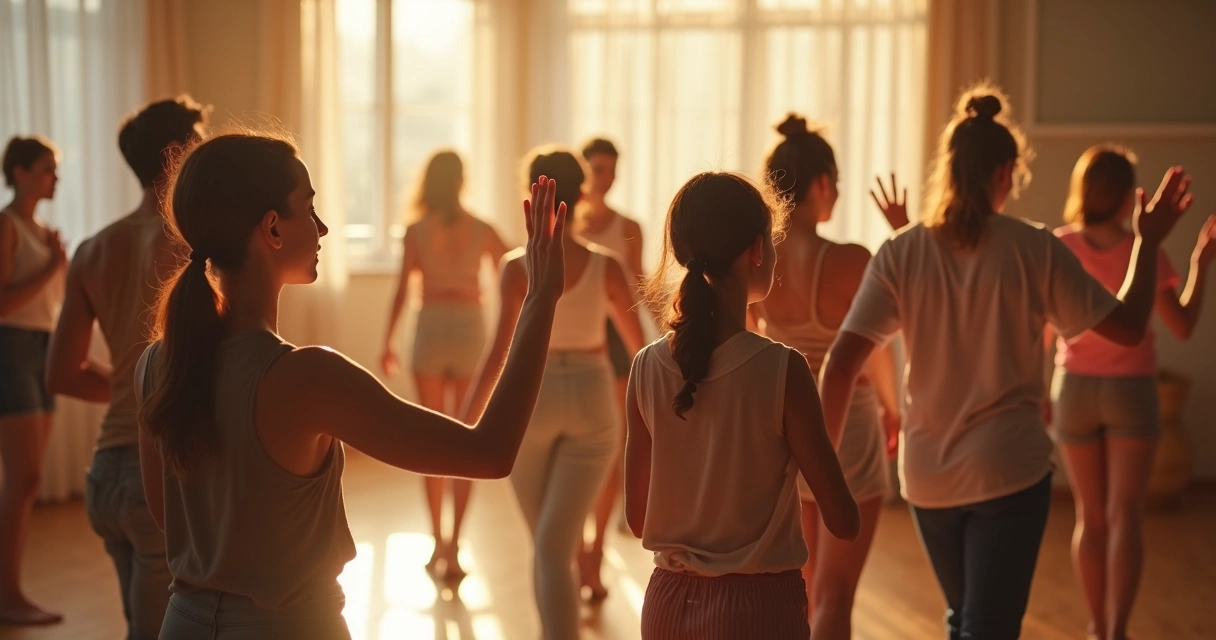 Grupo diversificado dançando juntos em sala com luz suave 