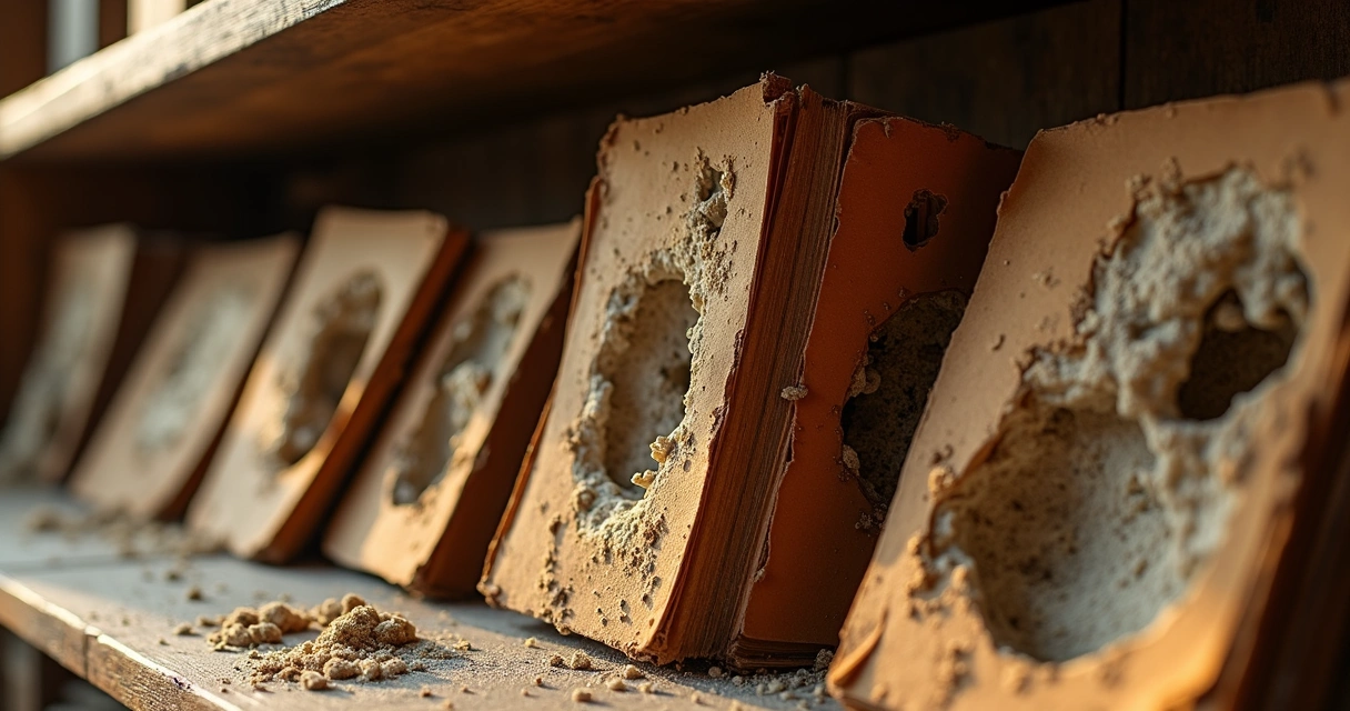 Livros antigos danificados por traças e cupins. 