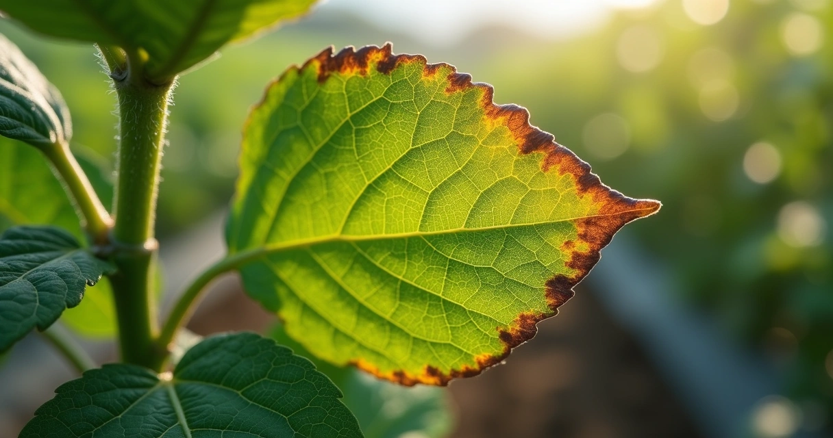 Folha de planta com sinais de fitotoxicidade em cultivo orgânico 