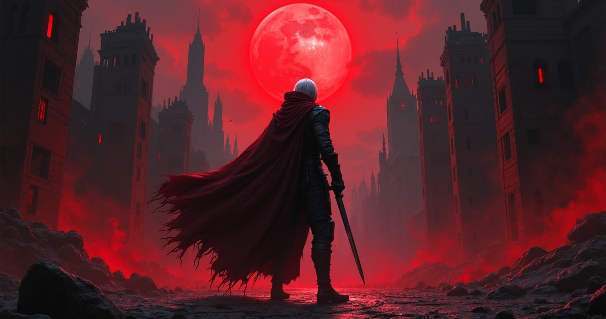 Dante empunhando sua espada pronto para a batalha, cenários escuros de fundo 