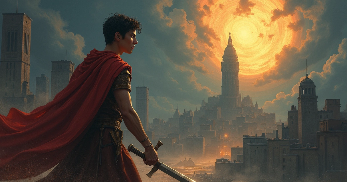 Dante empunhando espada em cenário sombrio com cidade em ruínas e silhueta de Vergil ao fundo.