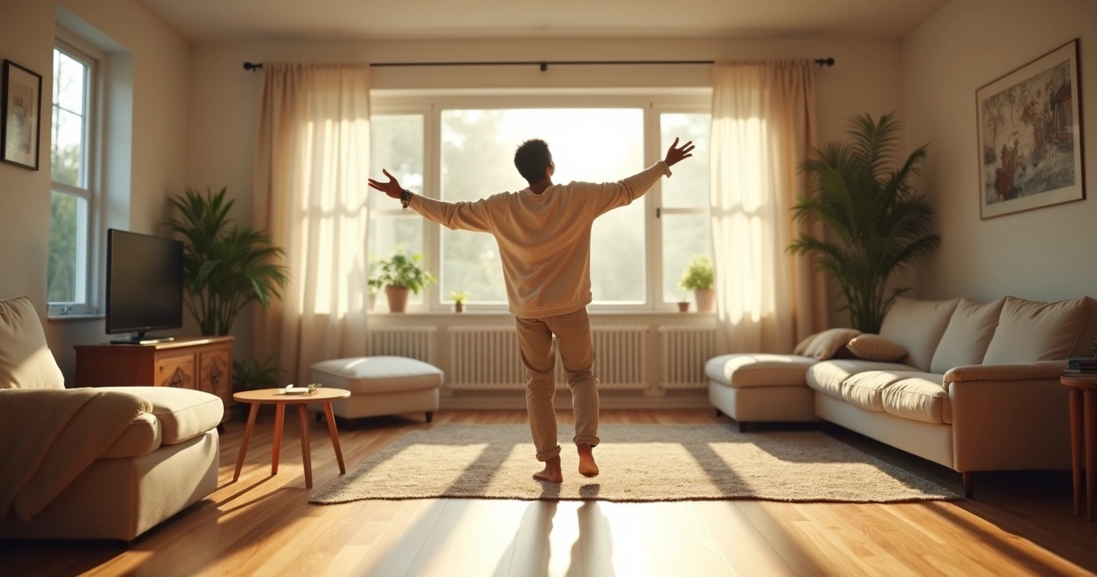 Persona bailando libremente en casa, rodeada de luz natural y muebles cotidianos. 