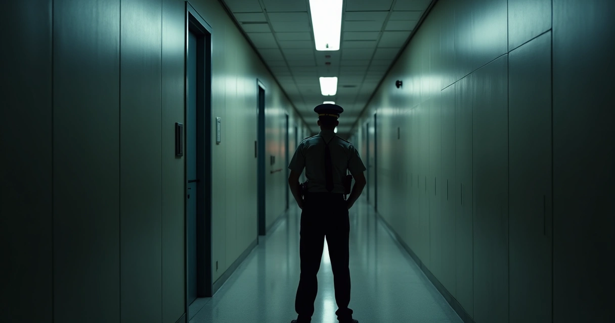 Empty dark hallway with uniformed security guard standing in the shadows 