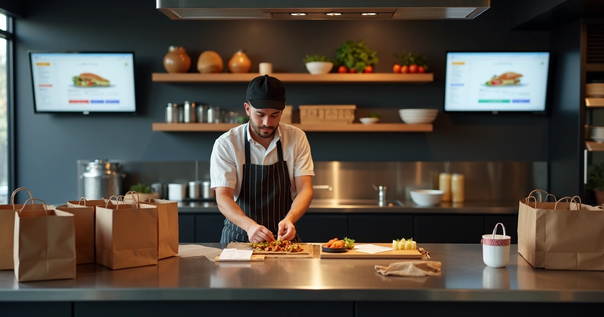 Funcionário preparando pedidos em cozinha dark kitchen com embalagens de delivery 