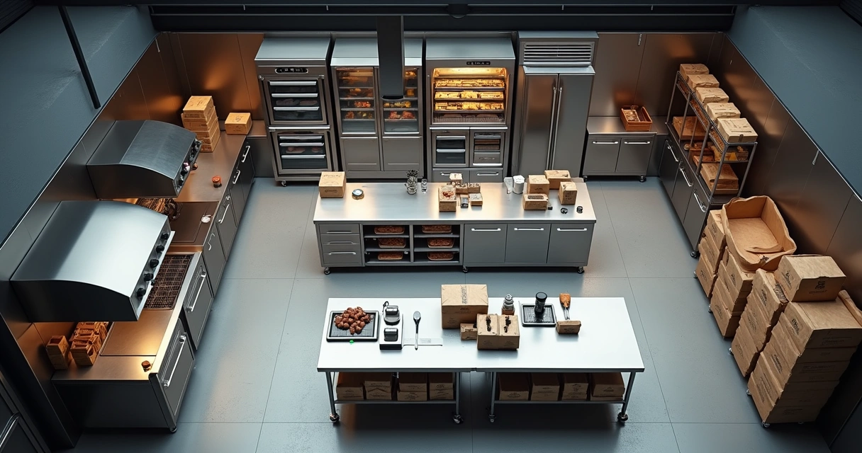 Vista superior de dark kitchen organizada em estações profissionais de inox 