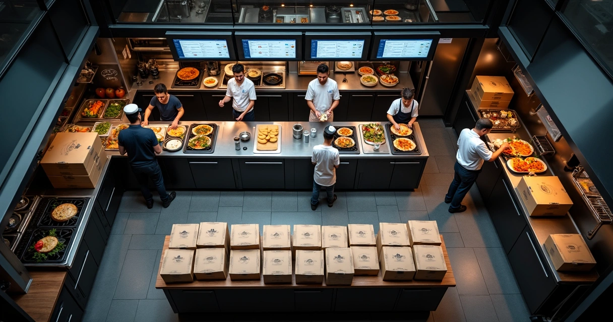 Equipe trabalhando em dark kitchen com tecnologia e embalagens prontas 