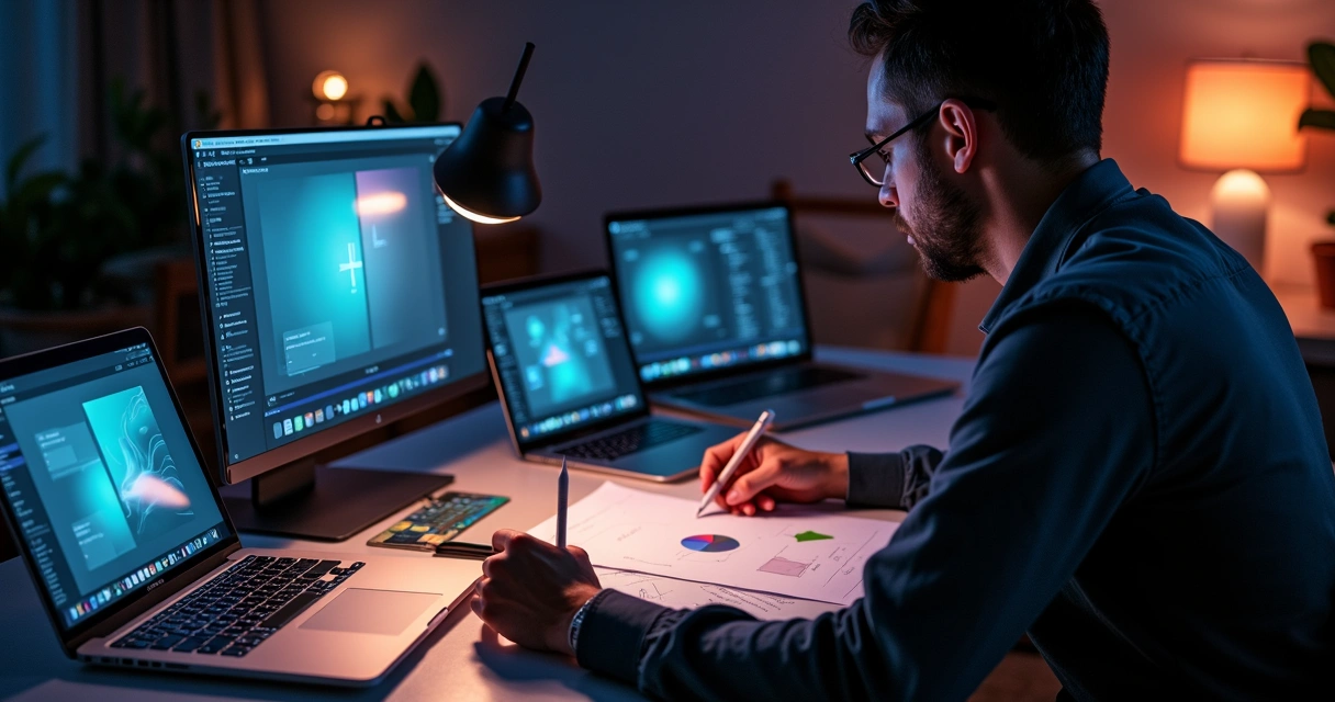 Pessoa testando modo escuro em diferentes dispositivos 