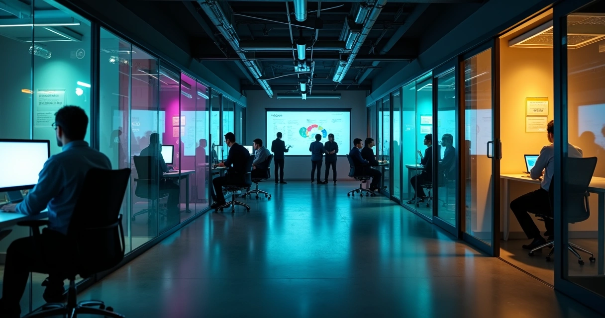 Corredor escuro com empresários trocando mensagens em salas iluminadas 