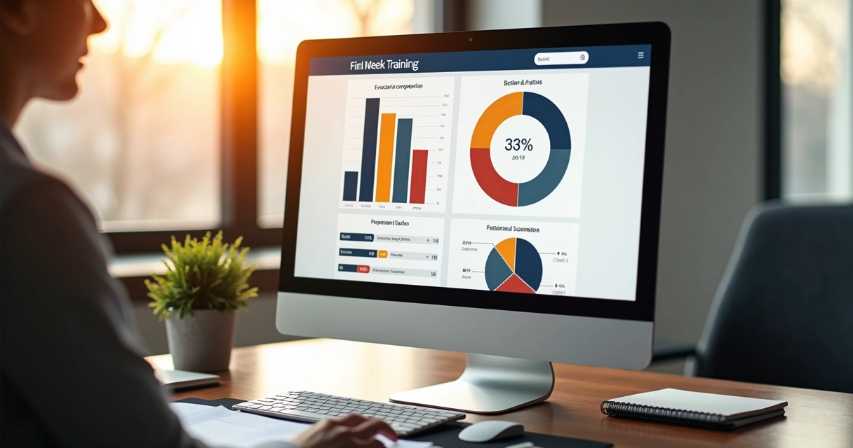 Dashboard com taxa de conclusão e gráfico comparando notas iniciais e finais 