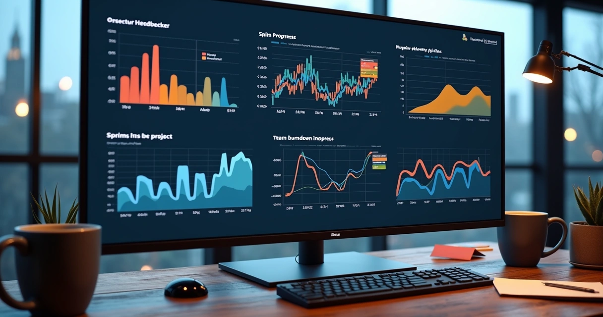Dashboard digital mostrando métricas de desempenho de equipe de tecnologia