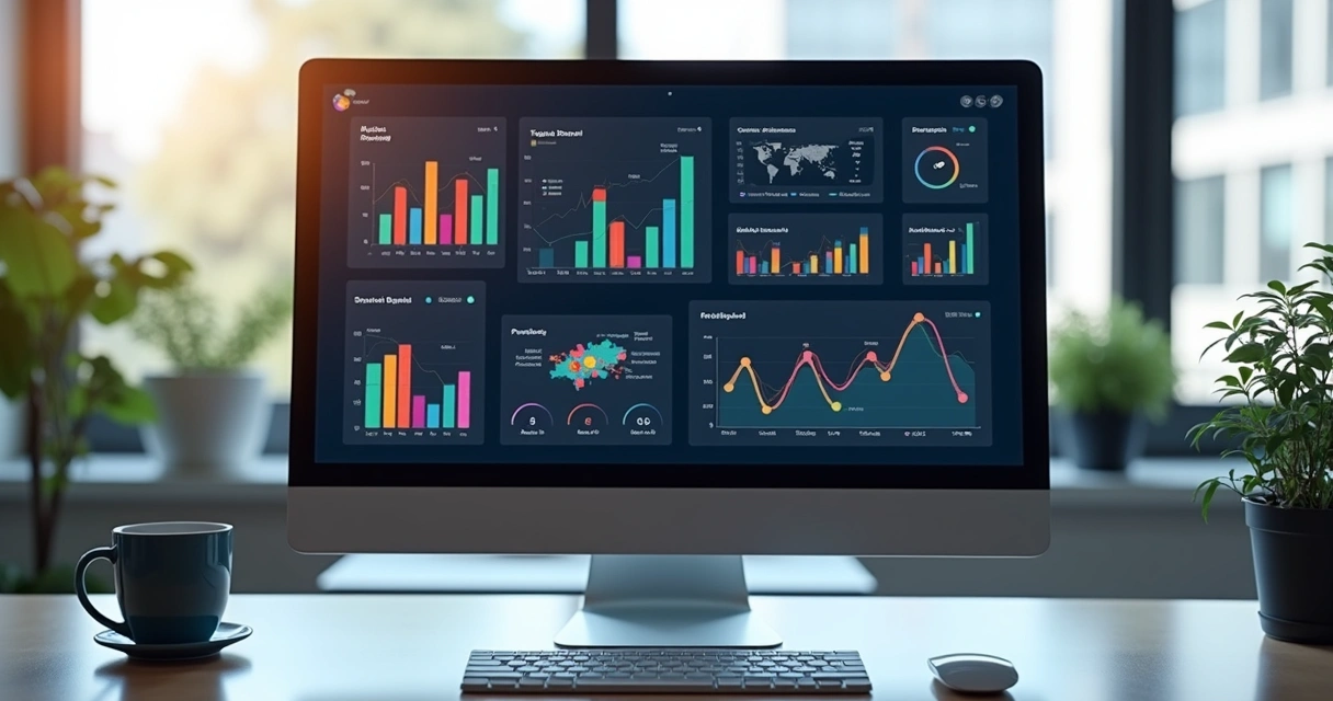 Tela de dashboard repleta de gráficos de tendências e KPIs coloridos 