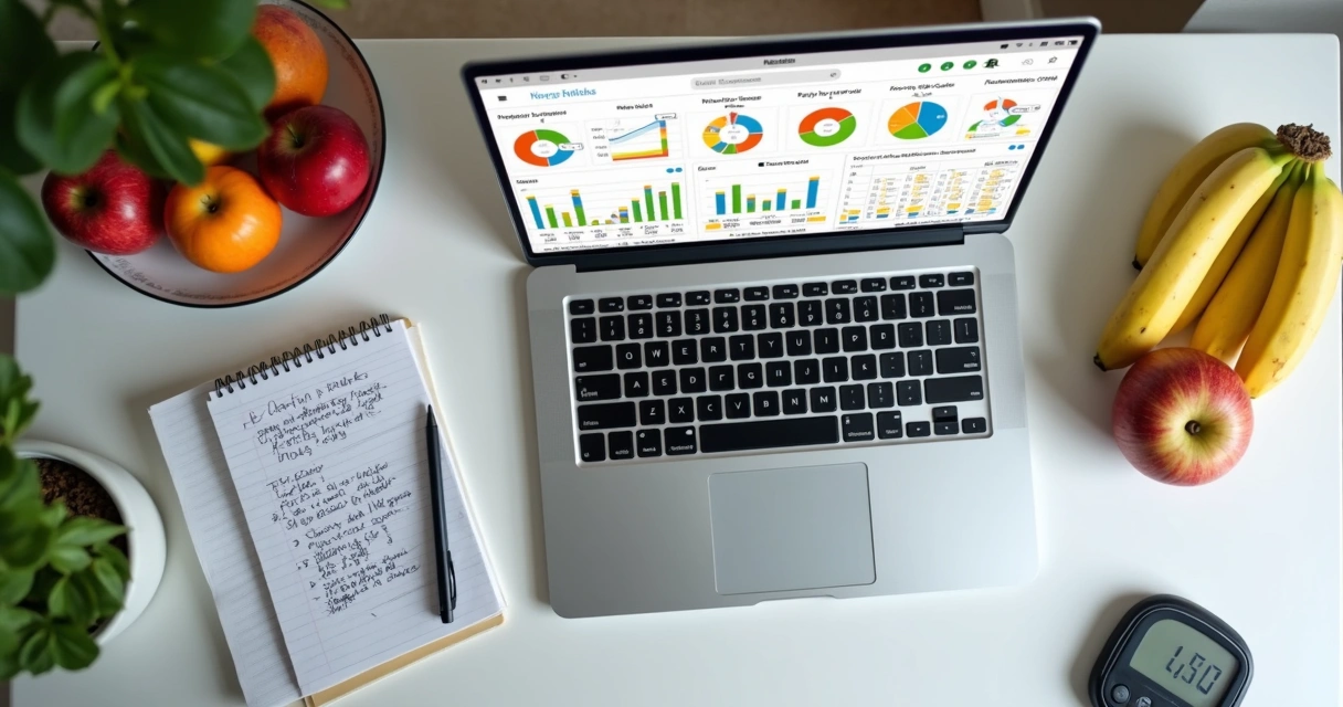 Tela de computador mostrando dashboard de acompanhamento nutricional com gráficos e indicadores de progresso 