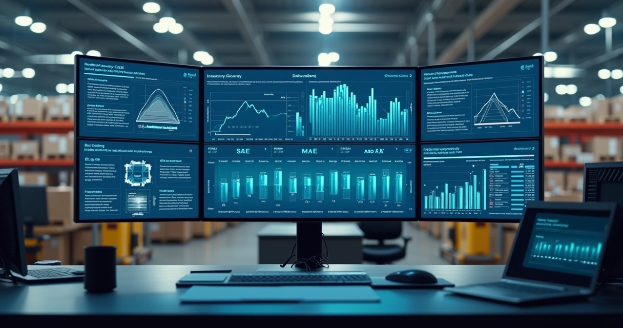 Dashboard de acuracidade de estoque em monitor industrial