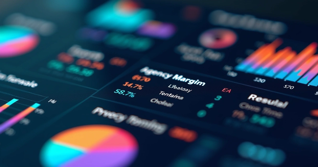 Dashboard digital mostrando métricas de agência como margem, CAC e LTV