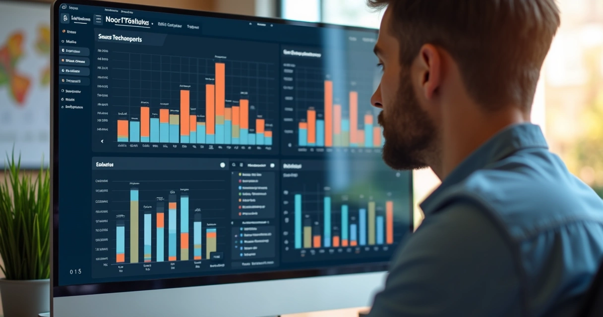 Dashboard digital colorido com KPIs e gráficos para agência 