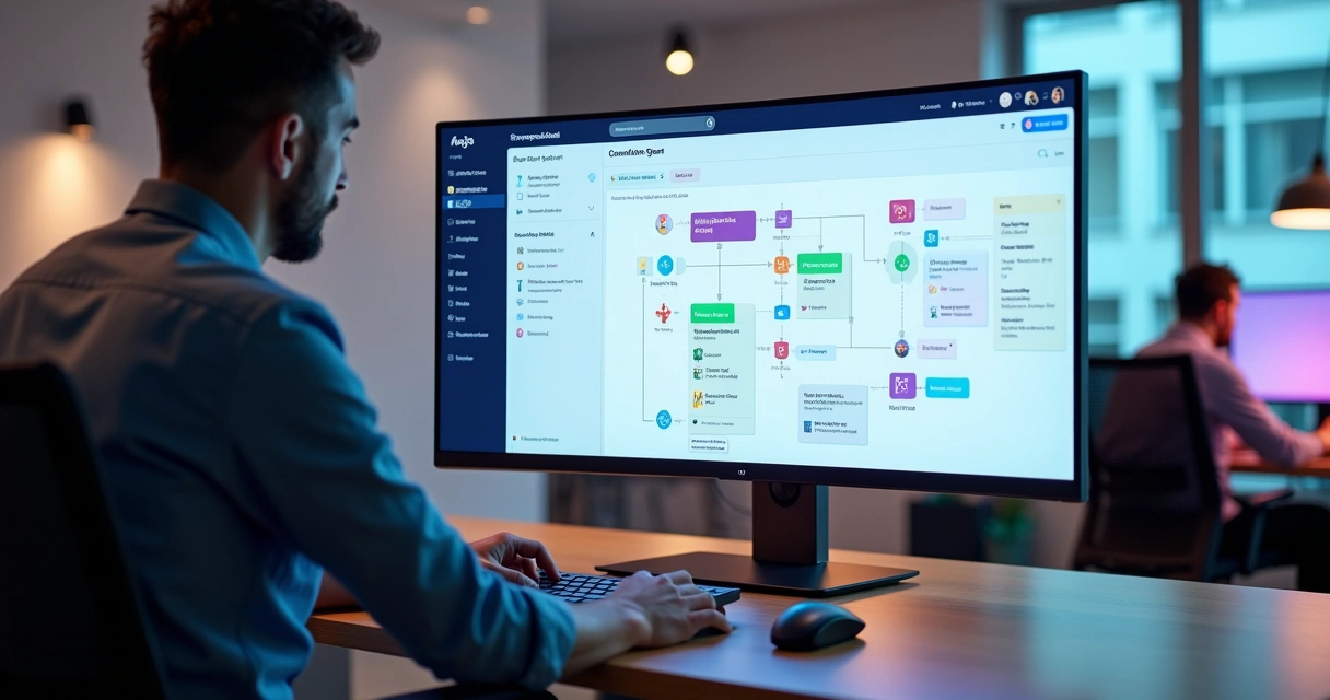 Gestor personalizando painel de agente de IA em interface no-code com integrações de trabalho 