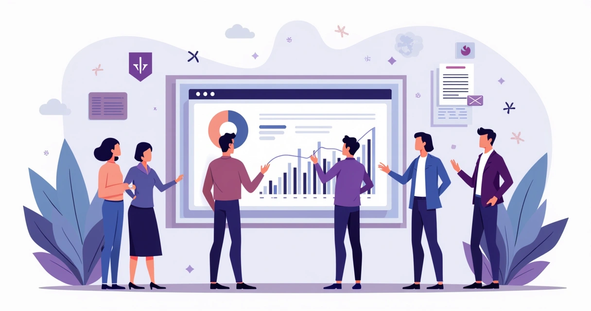 Equipe analisando painel digital de metas e resultados 