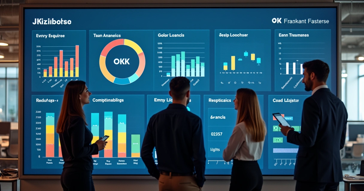 Dashboard em tela grande exibindo progresso de metas e gráficos coloridos, três pessoas analisando atentas. 