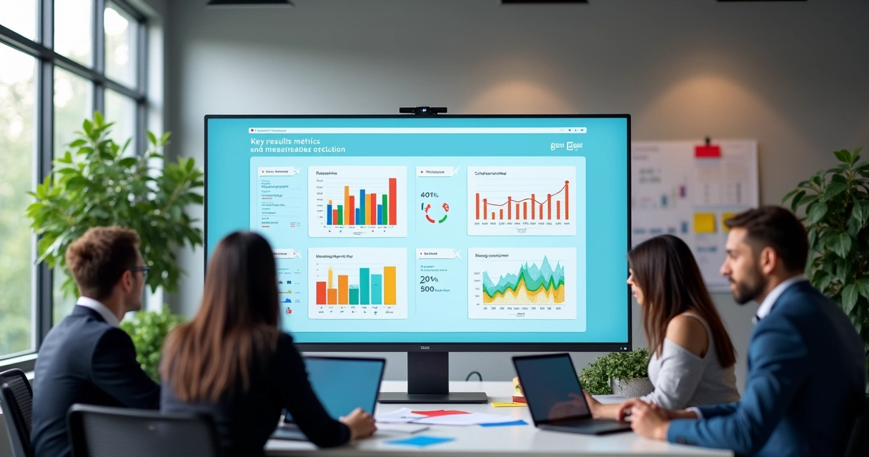 Dashboard digital exibindo indicadores de Key Results conectando times e metas estratégicas de PME 