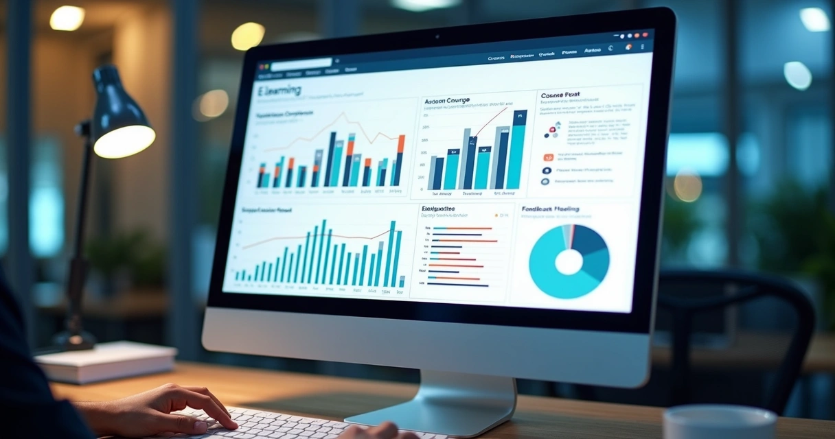 Dashboard colorido com gráficos de desempenho em cursos online empresariais 