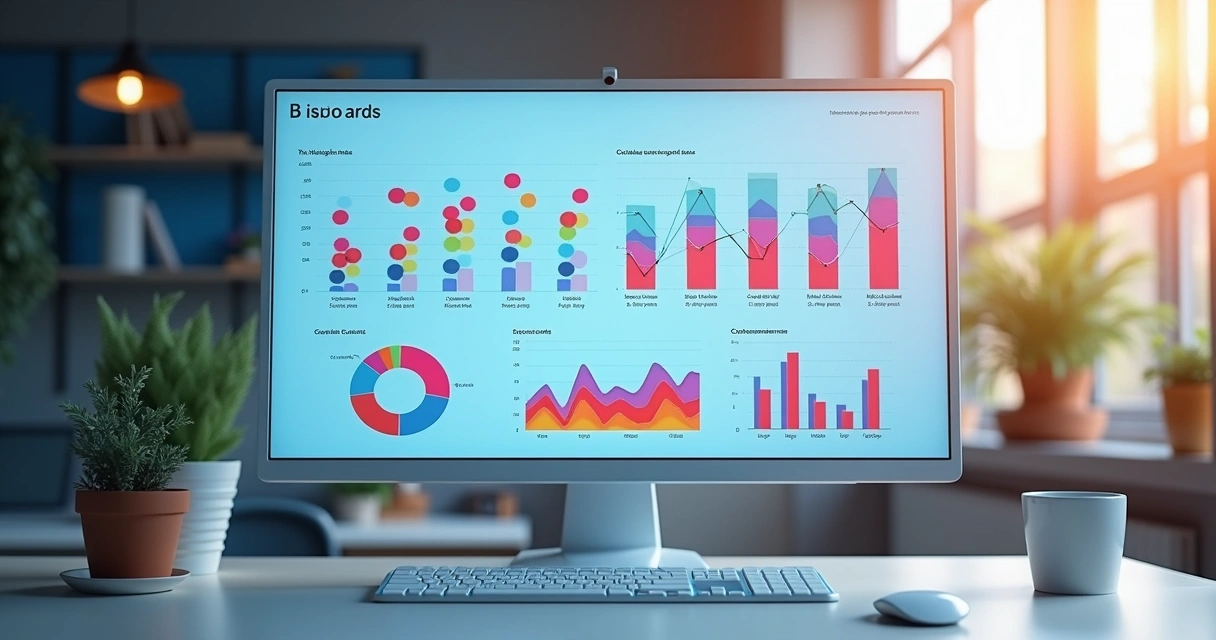 Dashboard colorido de análise de performance de canais em BI com múltiplos gráficos 
