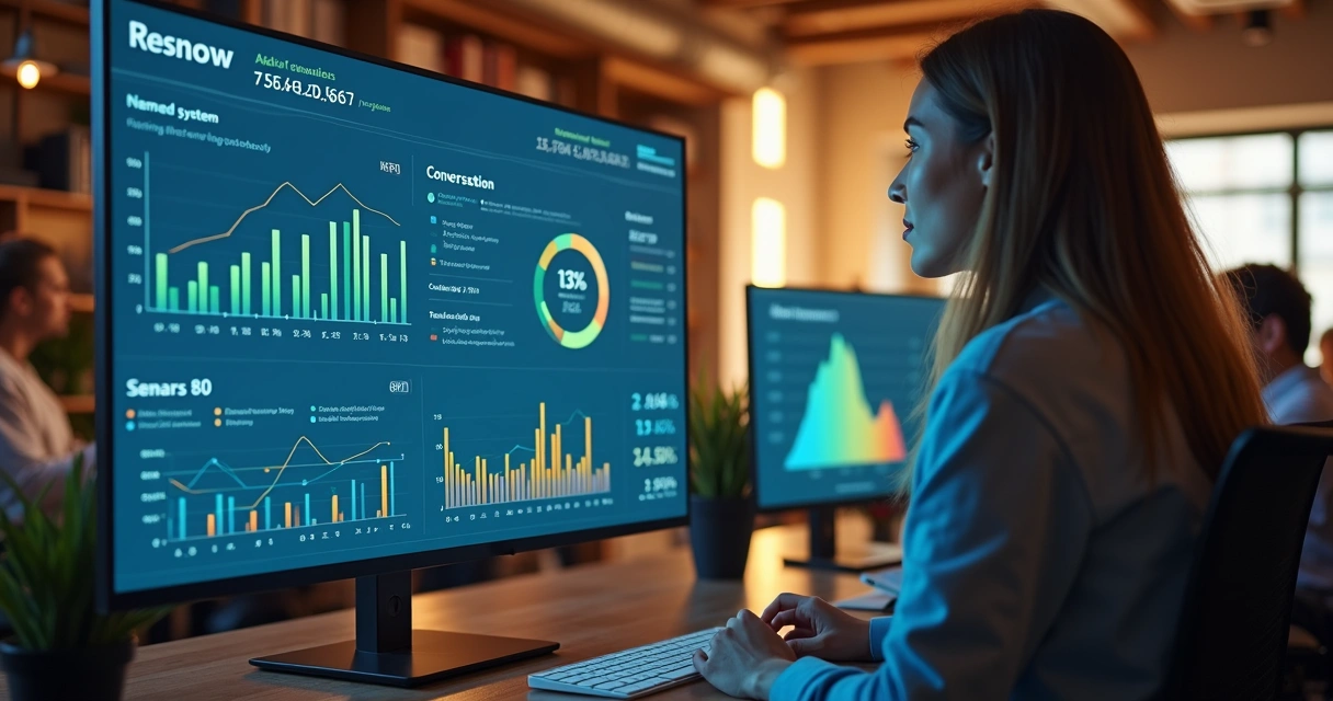 Dashboard de análise de chatbot com gráficos coloridos e métricas em tela 