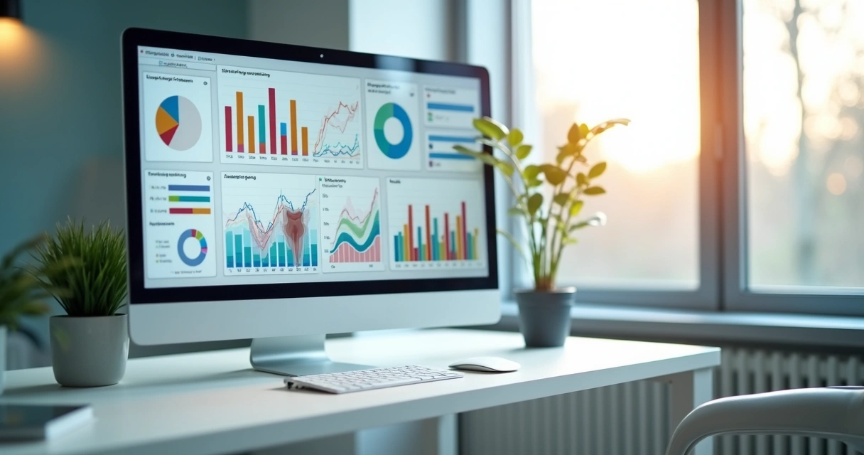 Painel digital com gráficos de performance de clínica odontológica