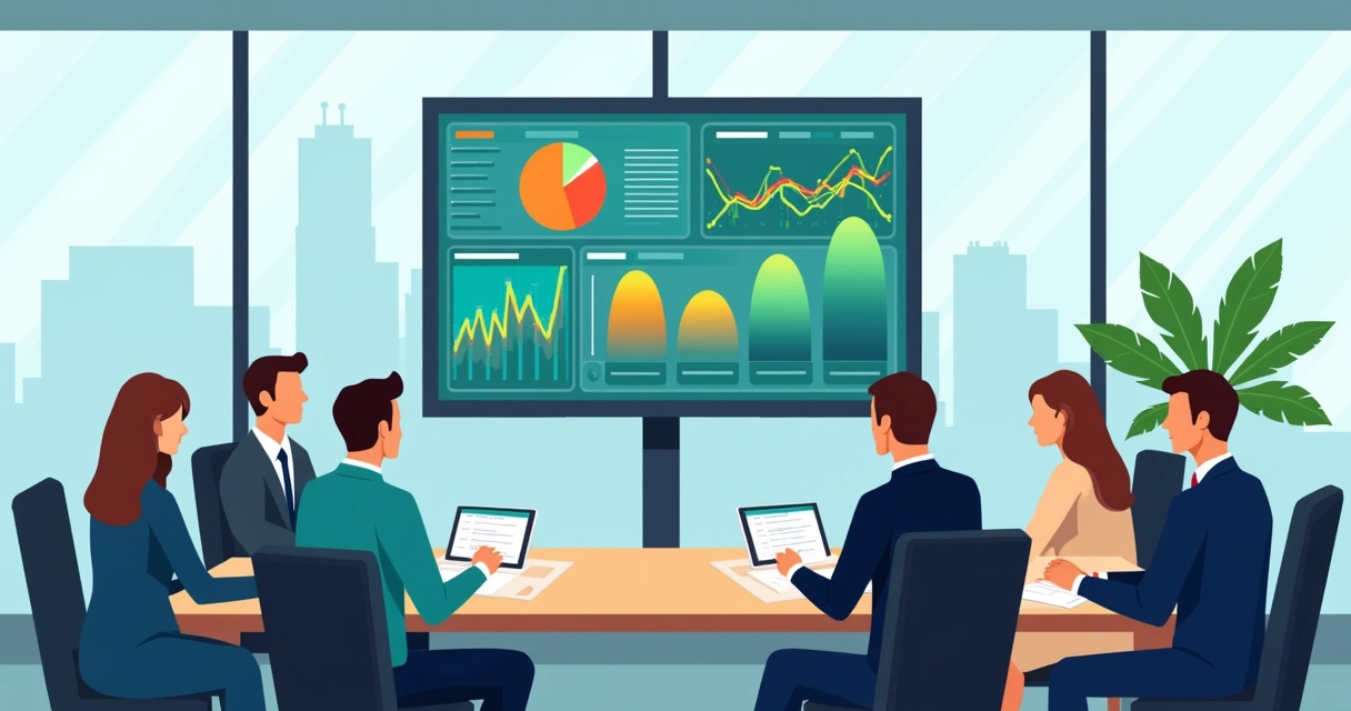 Painel de dados colorido e moderno sendo apresentado em uma reunião empresarial. 