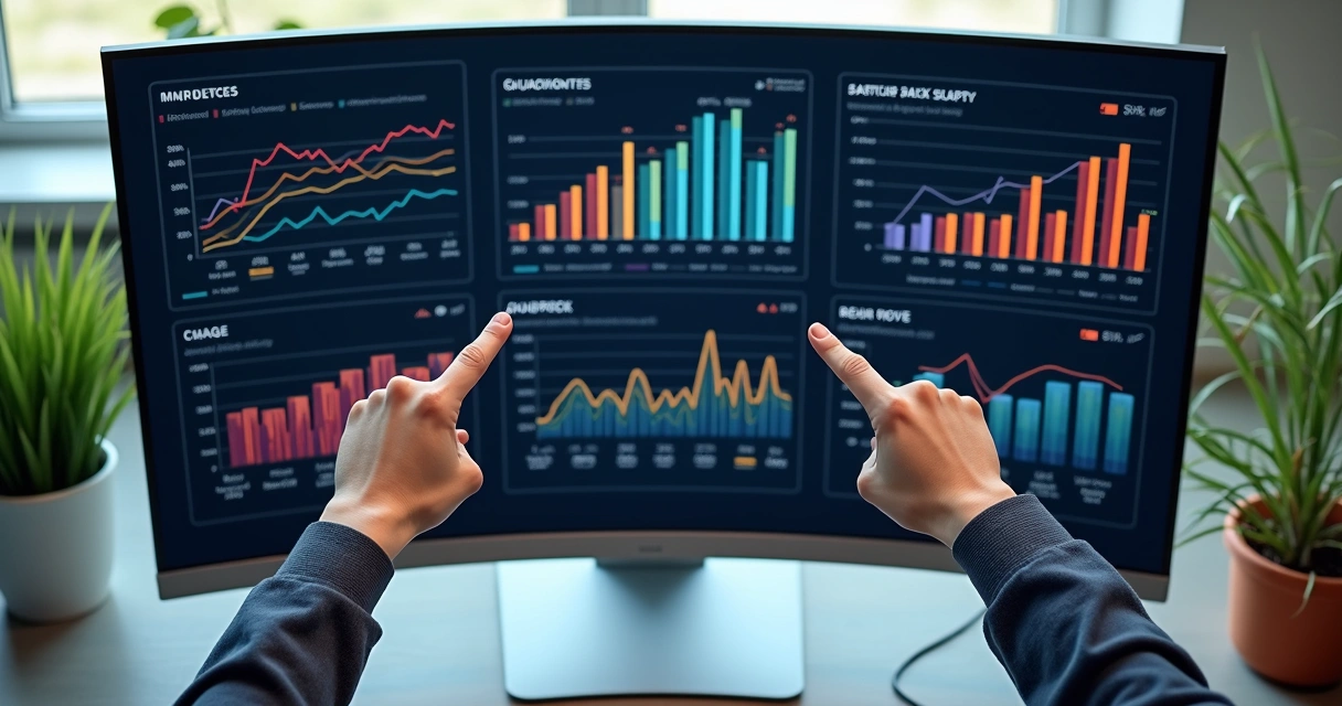 Dashboard digital mostrando métricas de vendas e marketing, com gráficos coloridos e indicadores em destaque