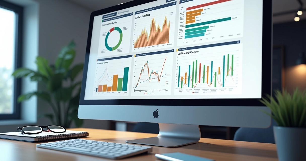 Dashboard digital com gráficos e indicadores de performance empresarial em tela de computador 